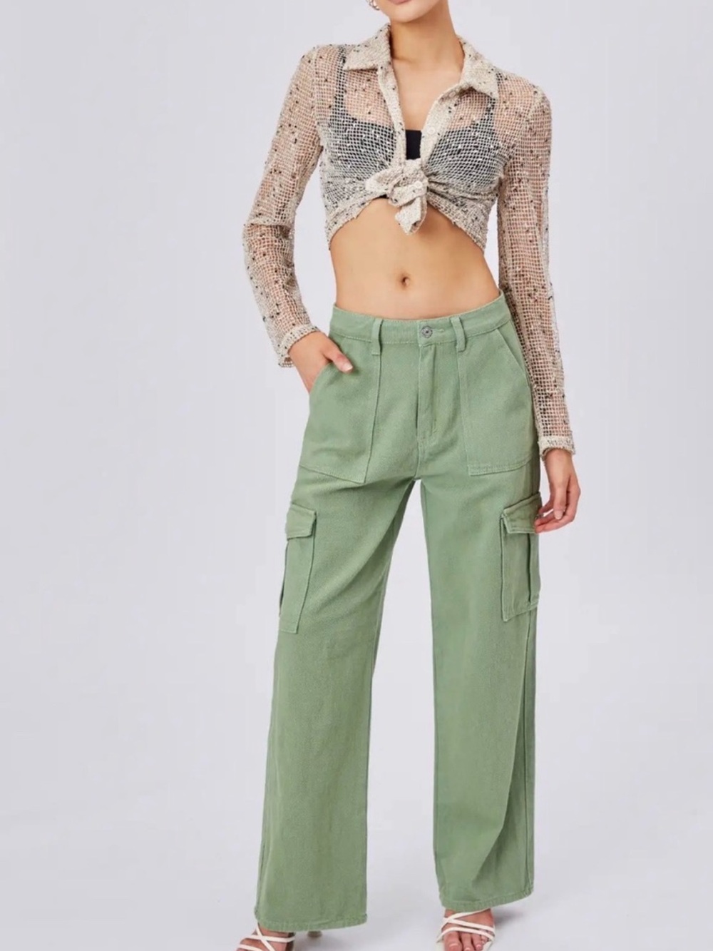 NWT 90s Style Cider Army Green Wide Leg Denim Cargo Jeans Military Size 30 W